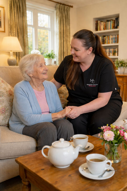Private care at home in Easingwold with a carer supporting an older person in their living room
